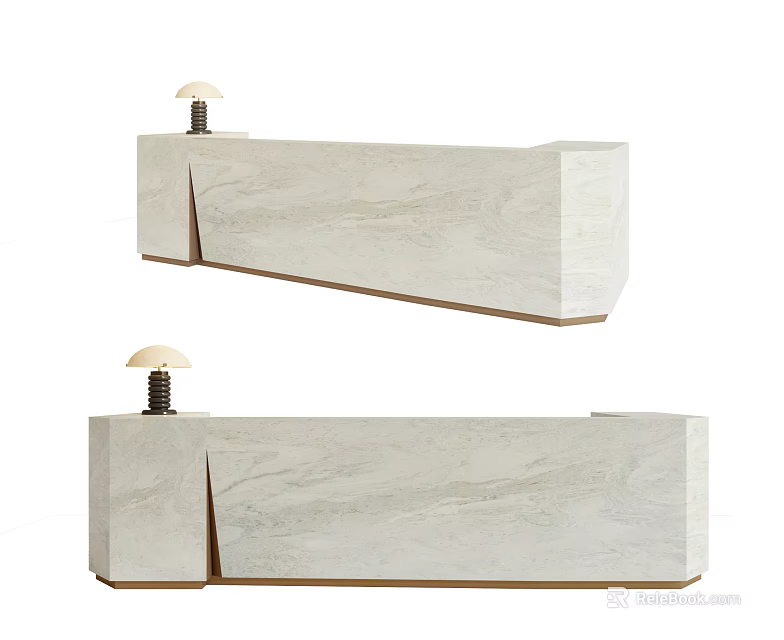 Modern Reception Desk With Marble Textured Surface Wooden Base And Table Lamp 3d model 