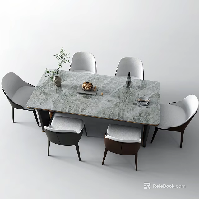 Elegant Modern Marble Dining Table With White Chairs Vase Nuts Bottle And Plates 3d model