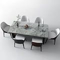 Elegant Modern Marble Dining Table With White Chairs Vase Nuts Bottle And Plates 3d model