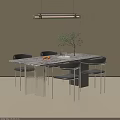 Modern Marble Dining Table With Black Chairs Green Plant Oranges And Ceiling Light