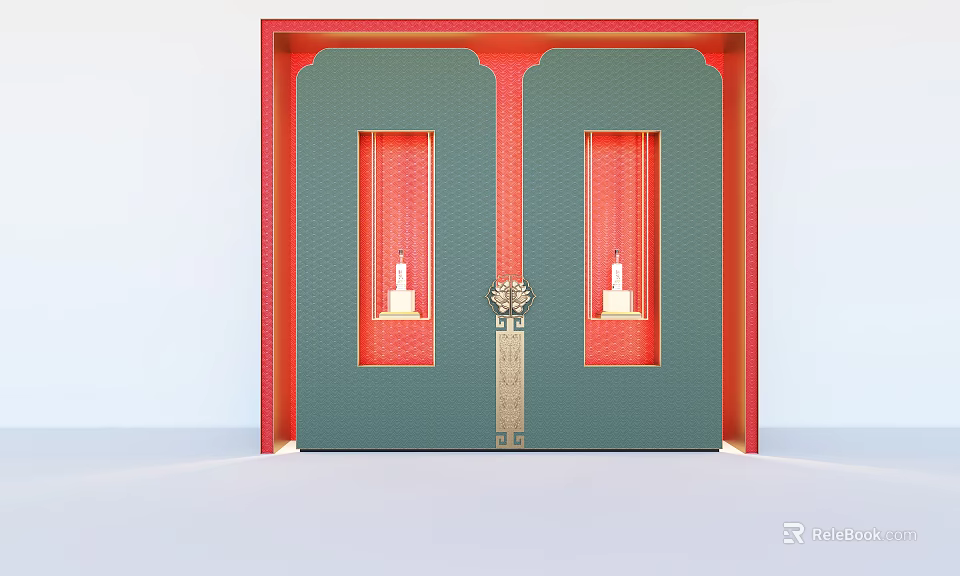 Chinese Style Background Wall With Red Green Panels And Gold Decorative Elements 3d model