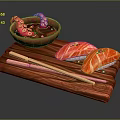 Fresh Salmon Sushi And Octopus In Bowl With Chopsticks On Wooden Board