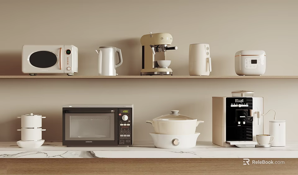 Modern Kitchen Countertop With Shelves Displaying Microwave Kettle Coffee Maker Rice Cooker And Pot 3d model 