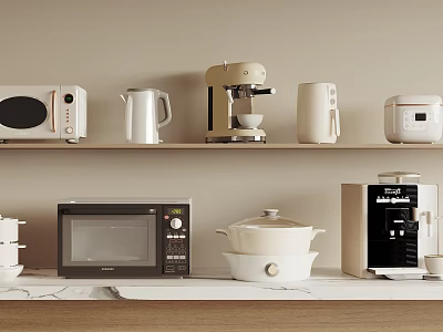 Modern Kitchen Countertop With Shelves Displaying Microwave Kettle Coffee Maker Rice Cooker And Pot 3d model