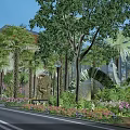Tropical Garden Landscape Design With Palm Trees Buildings Street Lamp Flowers And Shrubs Along Road
