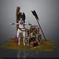 Cartoon Cat Sitting On Wooden Raft With Crates Arrow Candle And Package