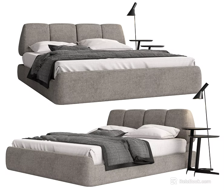 Modern Double Bed With Grey Upholstered Headboard White Mattress Pillows And Black Floor Lamp 3d model 