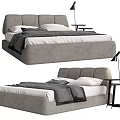 Modern Double Bed With Grey Upholstered Headboard White Mattress Pillows And Black Floor Lamp