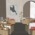 Modern Curved Wooden Display Shelves Showcasing Various Products In Retail Store