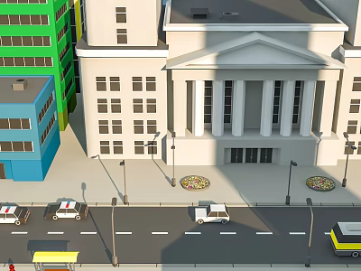 Cartoon Scene With Colorful Buildings White Columned Structure Street Vehicles Street Lamps And Flower Beds 3d model