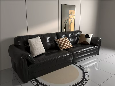 Black Leather Sectional Sofa With Decorative Accent Pillows On Round Area Rug Against Light Walls 3d model