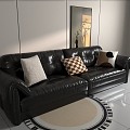 Black leather sofa sunset painting pillow carpet 3d model