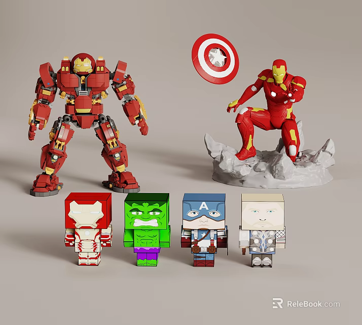 Superhero Action Figures Collection Including Iron Man Mech Captain America Shield Hulk Thor Mini Models 3d model 