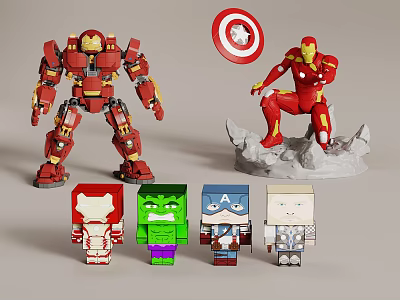 Superhero Action Figures Collection Including Iron Man Mech Captain America Shield Hulk Thor Mini Models 3d model