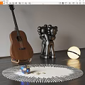 Wooden Guitar And Black Sculpture Art Supplies In Modern Interior With Marble Ball And Rug