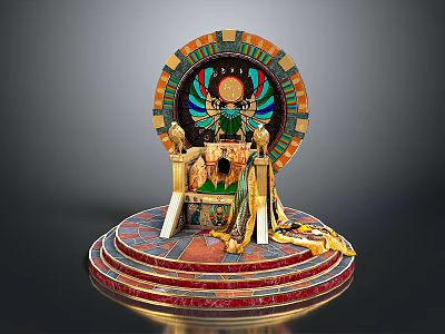 Egyptian Themed Decorative Throne With Colorful Circular Backdrop Golden Armrests And Multi Tiered Steps 3d model