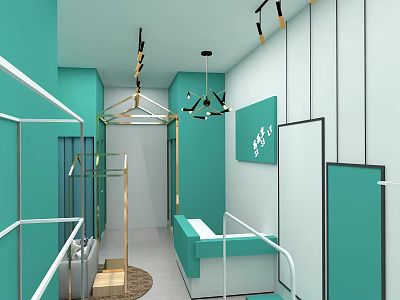 Modern Luxury Clothing Store With Green White Decor Clothing Racks Display Area And Chandeliers 3d model