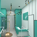 Modern Luxury Clothing Store With Green White Decor Clothing Racks Display Area And Chandeliers