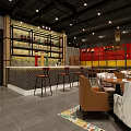 Colorful Restaurant Interior Design With Stained Glass Panels Booth Seating And Pendant Lights