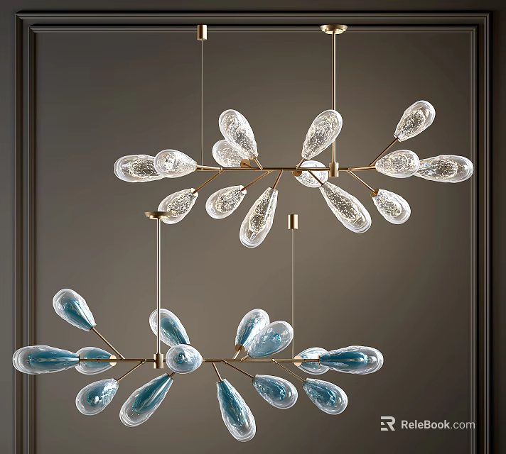 Modern Chandelier Design With Petal Shaped Transparent And Blue Glass Golden Metal Frame 3d model 