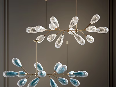 Modern Chandelier Design With Petal Shaped Transparent And Blue Glass Golden Metal Frame 3d model