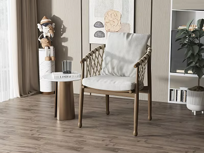 Modern Leisure Chair With Woven Armrests White Cushion And Small Round Side Table 3d model