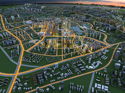 Urban Aerial Planning Design With City Road Network Building Clusters And Green Spaces 3d model