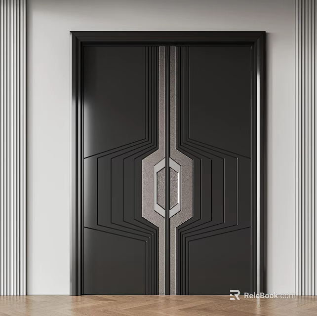 Elegant Modern Black Double Doors With Geometric Line Design And Central Metal Accent 3d model 