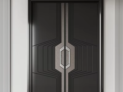 Elegant Modern Black Double Doors With Geometric Line Design And Central Metal Accent 3d model
