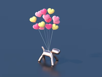 Silver Dog Figurine Holding Colorful Heart Shaped Balloons on Deep Blue Background 3d model
