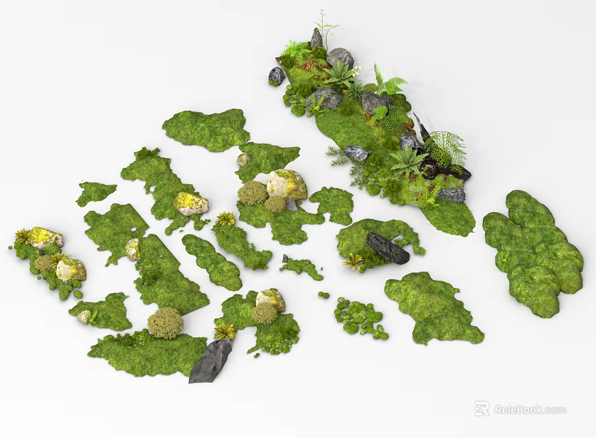 Microlandscape Decorative Design With Green Grass Stones Small Plants And Natural Elements 3d model 