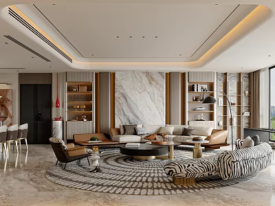 Modern Living Dining Room Interior With Marble Wall Sofa Set Shelving Units And Patterned Rug 3d model
