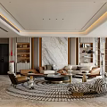 Modern Living Dining Room Interior With Marble Wall Sofa Set Shelving Units And Patterned Rug