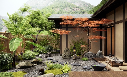 Japanese Homestay Courtyard Garden Country Courtyard Tingbu Stone Head Landscape Tree Red Maple Water Pot Plant Combination Plant Stack 3d model