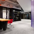 Modern Reception Desk Area With Purple Transparent Partition Orange Accent Wall And Gray Lounge Chair