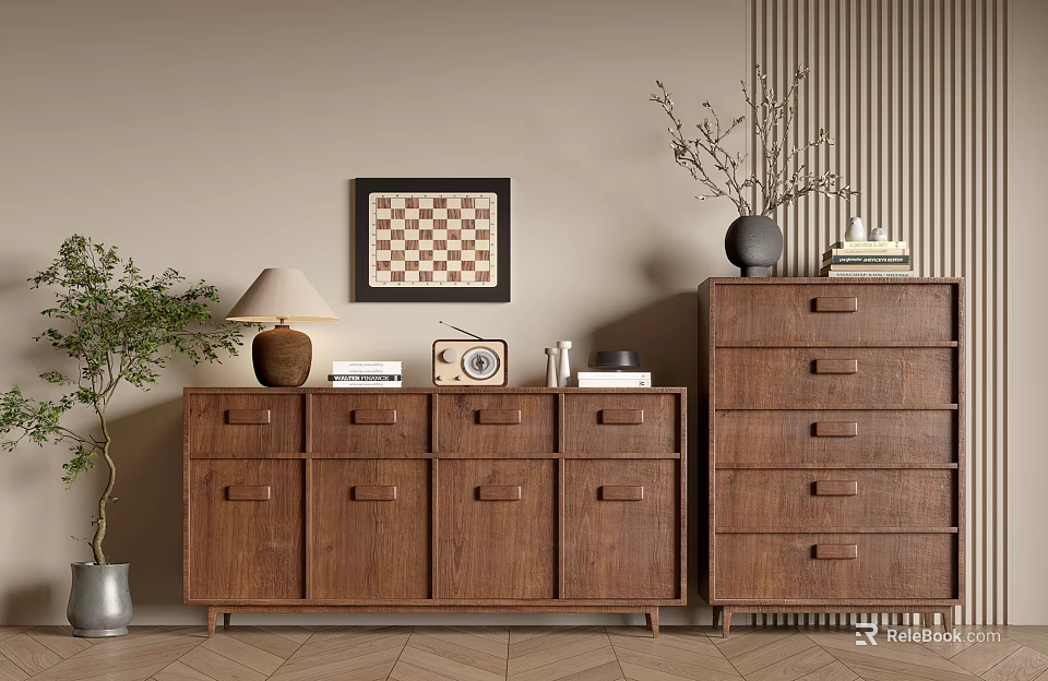 Wooden Console Cabinet And Side Cabinet In Entryway With Lamp Decorative Items And Plant 3d model 