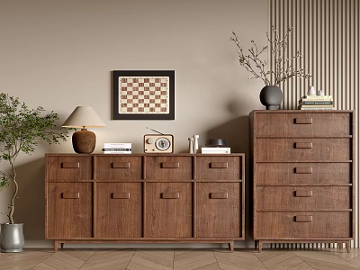 Wooden Console Cabinet And Side Cabinet In Entryway With Lamp Decorative Items And Plant 3d model