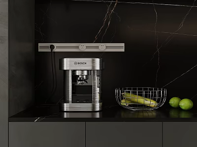 Modern Kitchen Counter With Bosch Coffee Machine Metal Basket And Limes On Black Marble 3d model