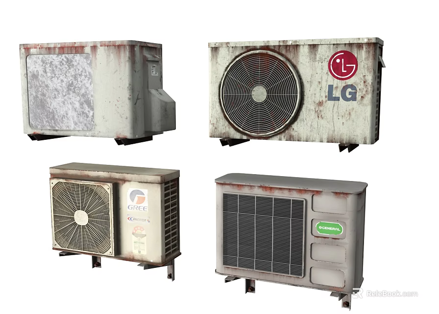 Rusty Old Air Conditioner Fans Displayed As Outdoor Units From Various Brands 3d model 
