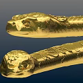 Two Golden Reptile Snakes with Curved Bodies on Dark Blue Background