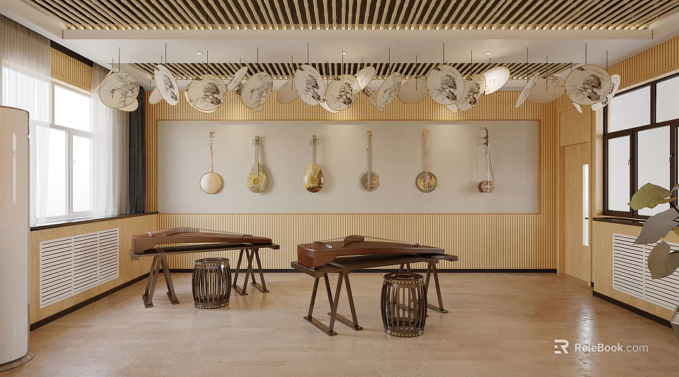 School Music Classroom With Guzheng Tables Stools And Hanging Musical Instruments 3d model 