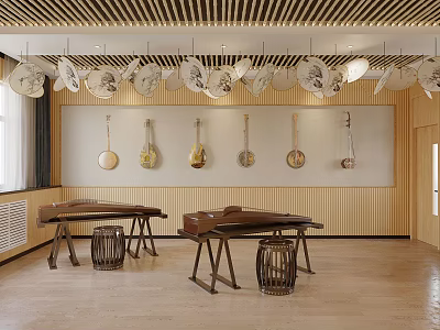 School Music Classroom With Guzheng Tables Stools And Hanging Musical Instruments 3d model