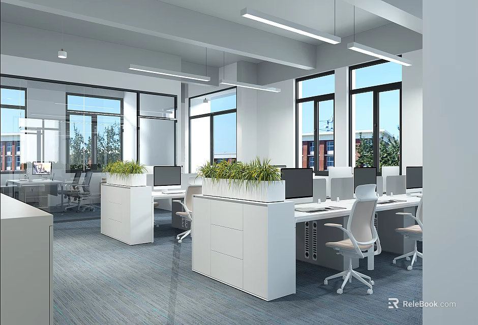 Modern Public Office Space with Large Windows Office Desks Computers Green Plants and Ergonomic Chairs 3d model 