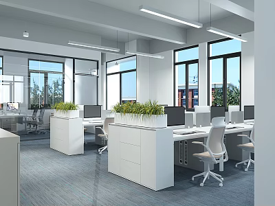 Modern Public Office Space with Large Windows Office Desks Computers Green Plants and Ergonomic Chairs 3d model