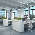 Modern Public Office Space with Large Windows Office Desks Computers Green Plants and Ergonomic Chairs
