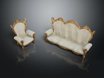Ornate European Style Sofa Set With Golden Carvings And Light Colored Fabric 3d model