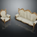 Ornate European Style Sofa Set With Golden Carvings And Light Colored Fabric
