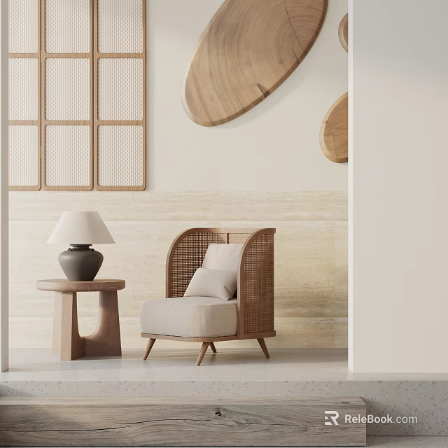 Modern Single Sofa With Wooden Frame Beige Cushion And Side Table Lamp 3d model 