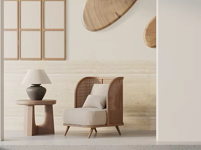 Modern Single Sofa With Wooden Frame Beige Cushion And Side Table Lamp 3d model