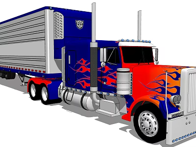 Blue And Red Semi Truck With Flame Decals And Logo On Cab And Trailer 3d model